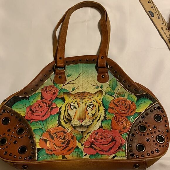 Anuschka RARE tiger & roses large hand painted shoulder bag.  EUC - Picture 1 of 12